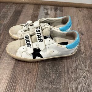 Golden Goose White Leather Sneakers with Black Star and Light Blue Heel